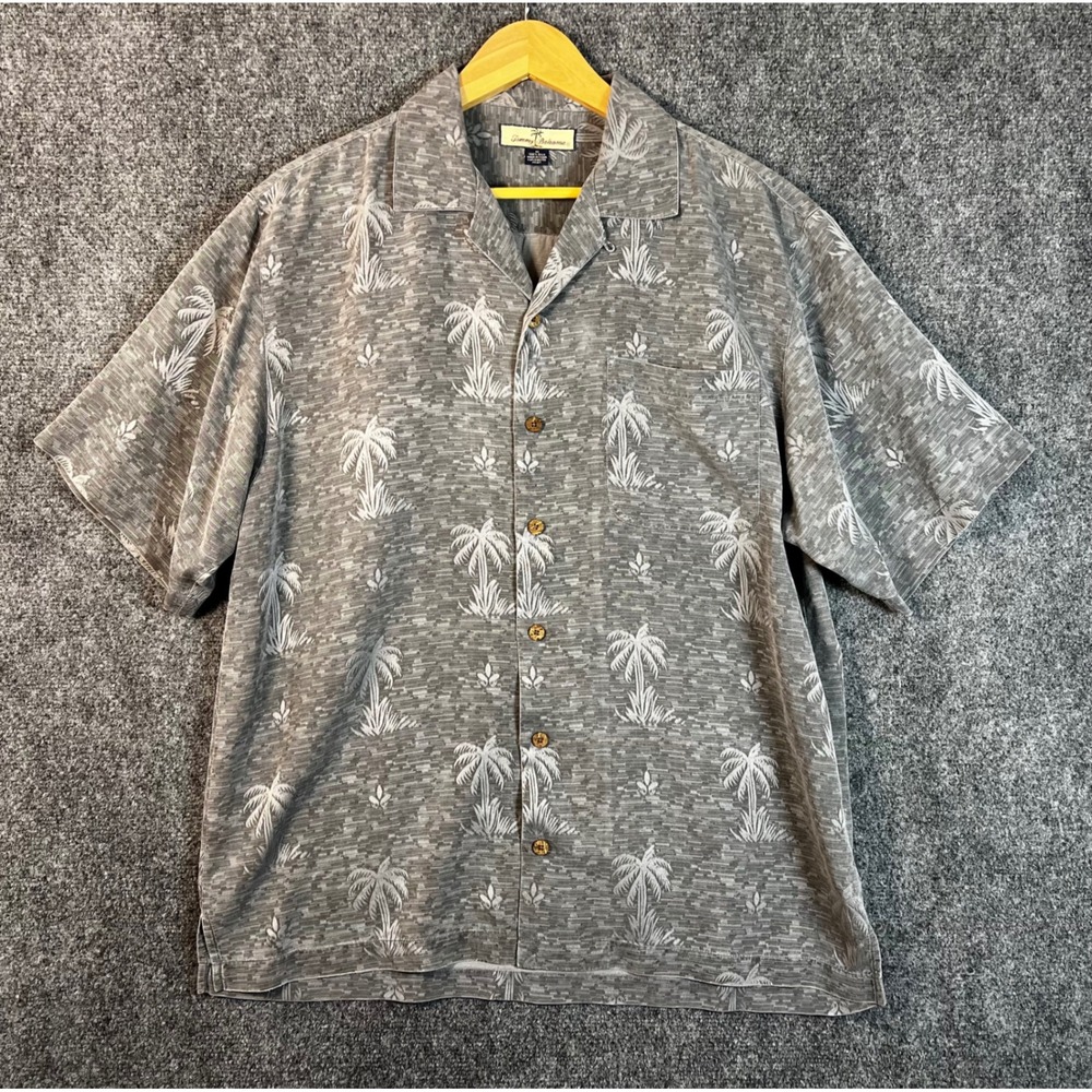 Tommy Bahama Mens Gray 100% Silk Palm Tree Print Short Sleeve Camp Shirt Size M